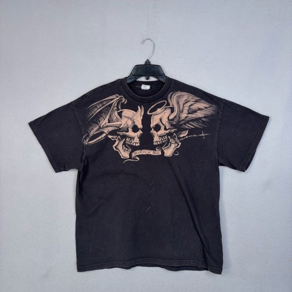 Vintage Heaven Hell Shirt Mens Large Black Graphic Skulls Y2K Gothic Goth Tee